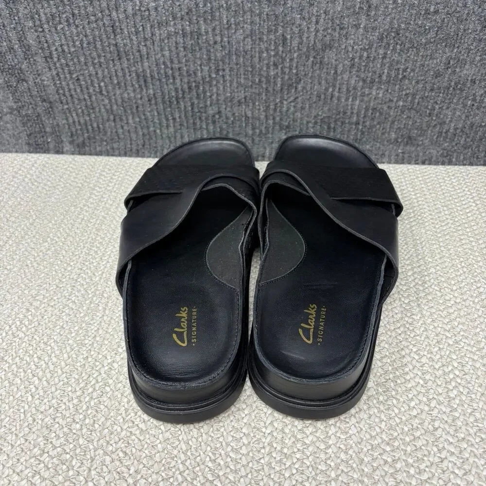 Clarks Torford Cross Sandals Black Leather Flat Mens Size 11.5